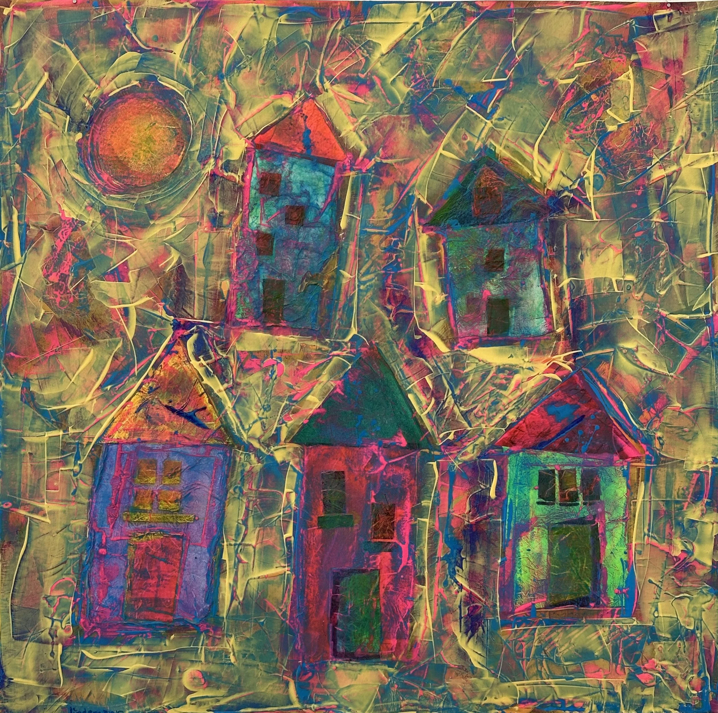 Purlieu abstract  mixed media painting of five colorful houses with a bright yellow moon in a swirling, vibrant background with themes of community and togetherness.