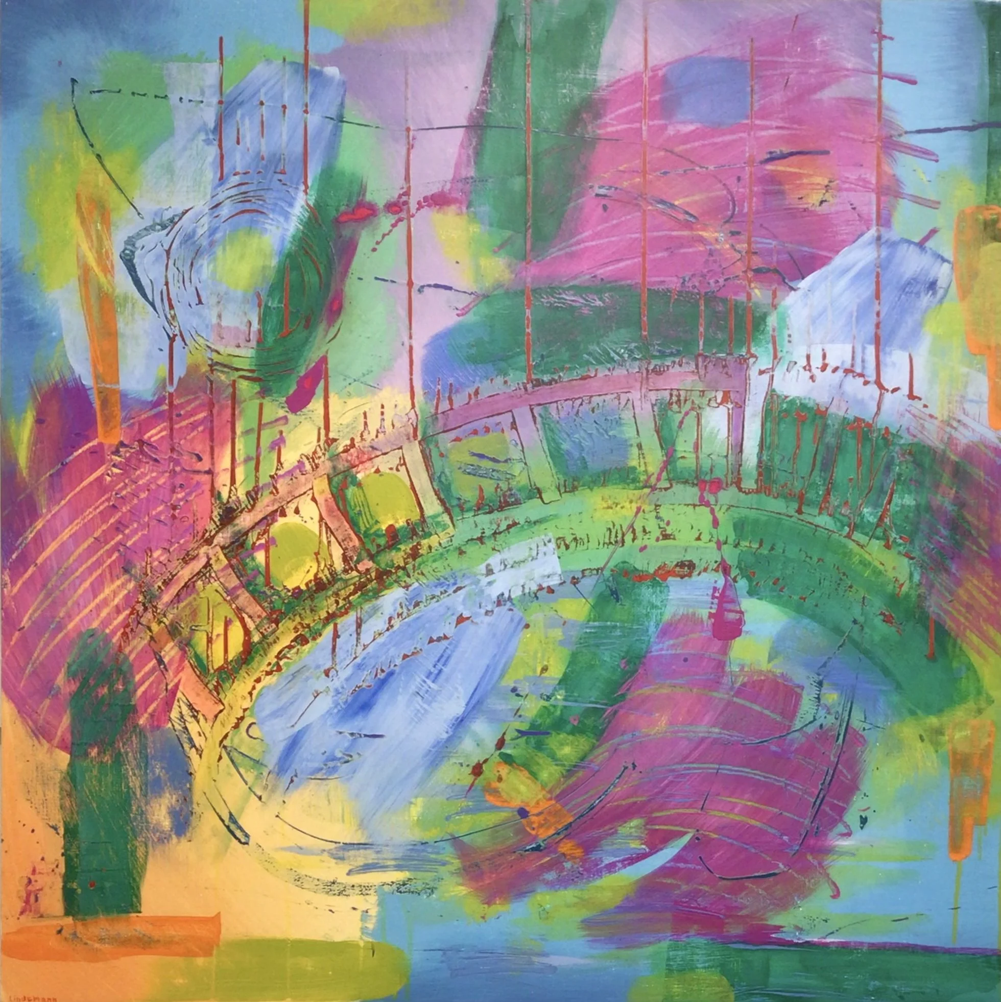 Bridge #3 abstract colorful painting with splashes of pink, blue, green, yellow, and orange suggesting structures and rfagility of connection, overcoming obstacles and togetherness,