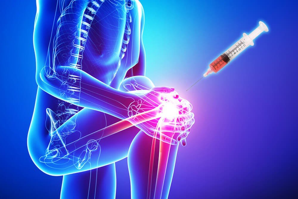 Digital illustration of a human body with a highlighted knee joint, an injection syringe aiming at the knee with a red and black fluid, indicating medication or treatment.