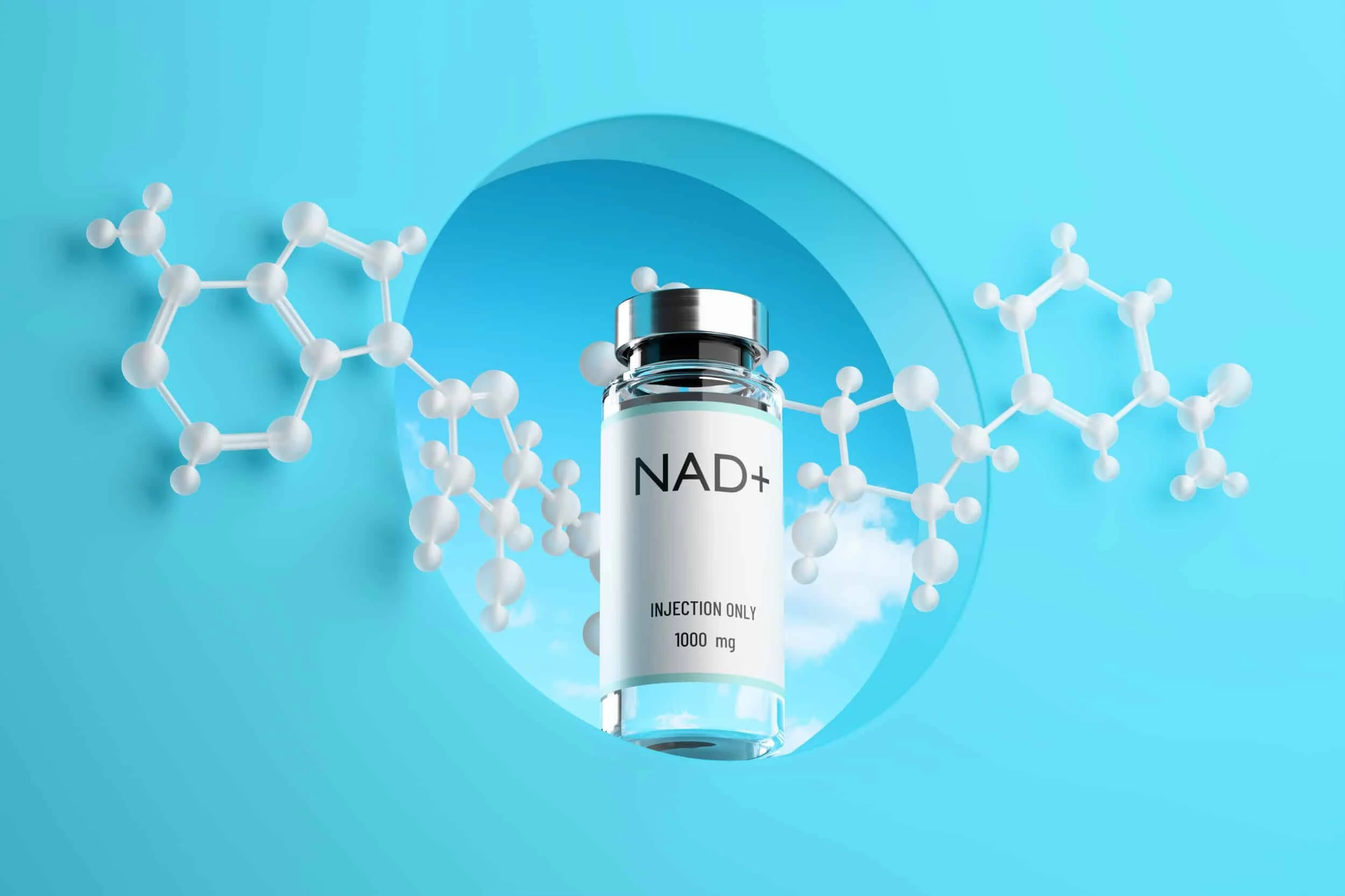 A syringe labeled 'NAD+' with molecular structures and a blue background.