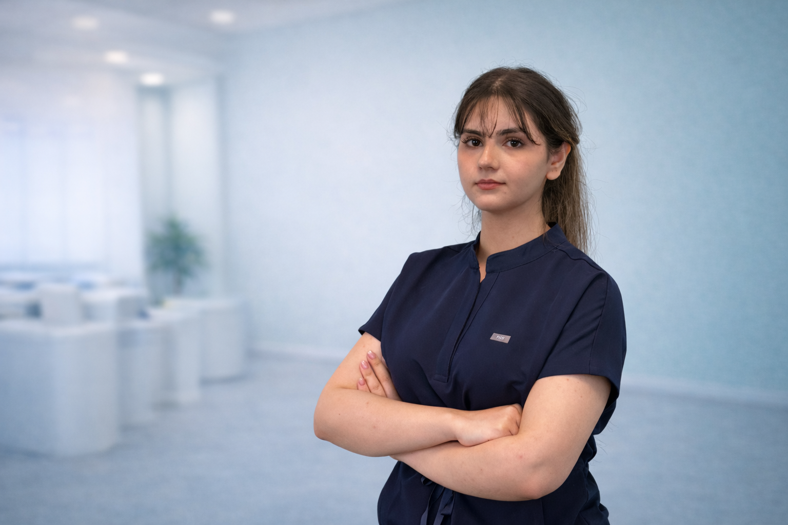 A young woman with brown hair in a ponytail, wearing navy scrubs with arms crossed, standing in a medical or office setting with a blurred background.