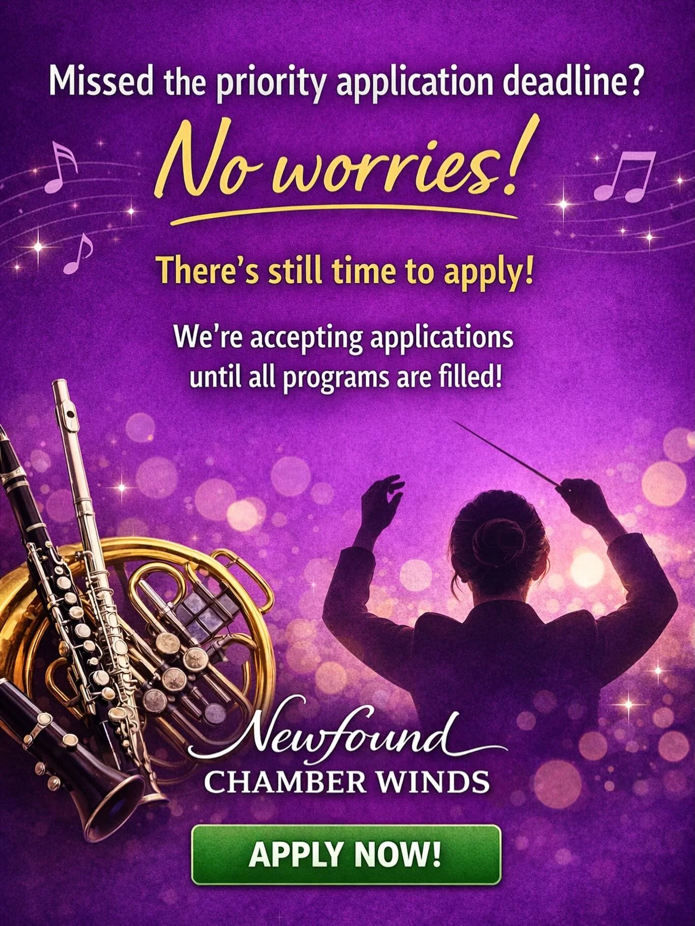Missed the priority application deadline? Don&rsquo;t worry &mdash; the door is still open! 🎉
Newfound Chamber Winds is continuing to accept applications until all programs are filled. Apply now and join us this summer!
🔗 Apply here: https://www.ne