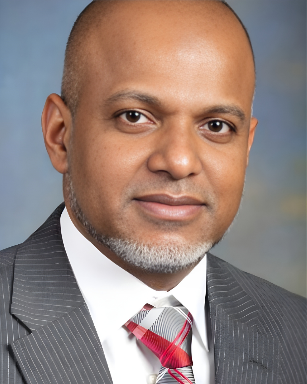 A middle-aged man with a bald head and gray beard, wearing a gray pinstripe suit, white shirt, and a red, gray, and white plaid tie.