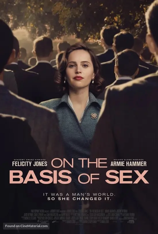 On the Basis of Sex: Film poster showing a young woman looking at the camera in the center of a crowd of men facing away.