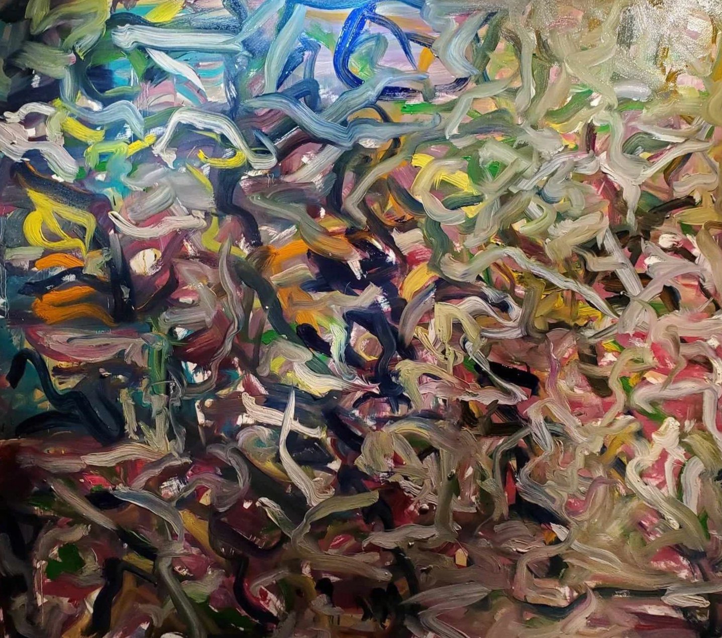 Confrontation of a Ghost of a Shadow, 2024, Oil, liquin, plaster paris in oil medium on canvas, 58x 64 1/2 inches