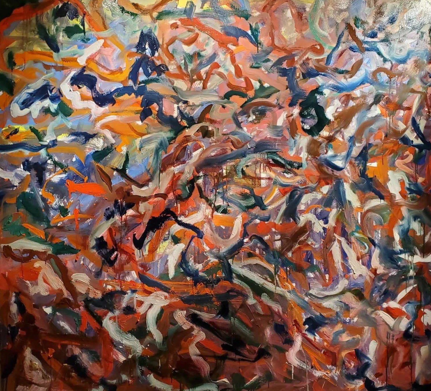 Eruption and Flow Aside Blue and White Kimono, 2024, Oil, liquin, plaster paris in oil medium on canvas, 58x 64 1/2 inches