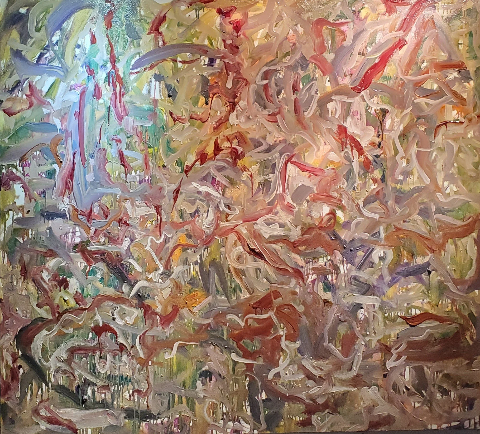 July 11, 2026. Second session on yesterday's start of oil on canvas, 58x 64.5 inches
