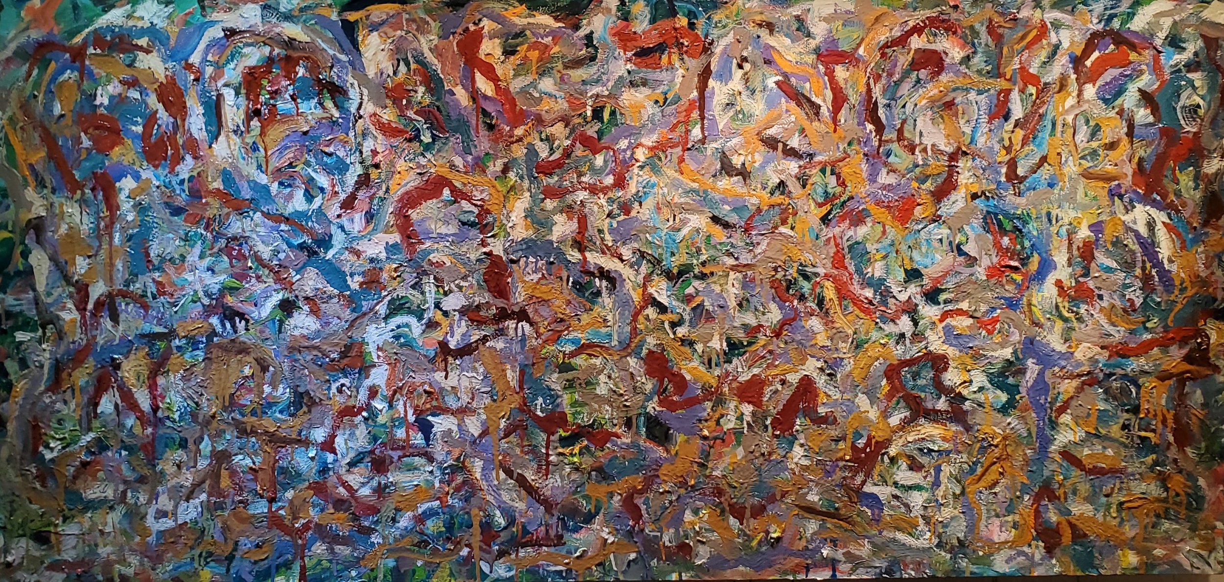 Oil, impasto gel on linen, 30.75x 65.5 inches, Dec. 2025