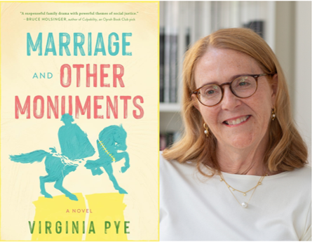 Book cover of 'Marriage and Other Monuments' by Virginia Pye next to a smiling woman with glasses and shoulder-length red hair.