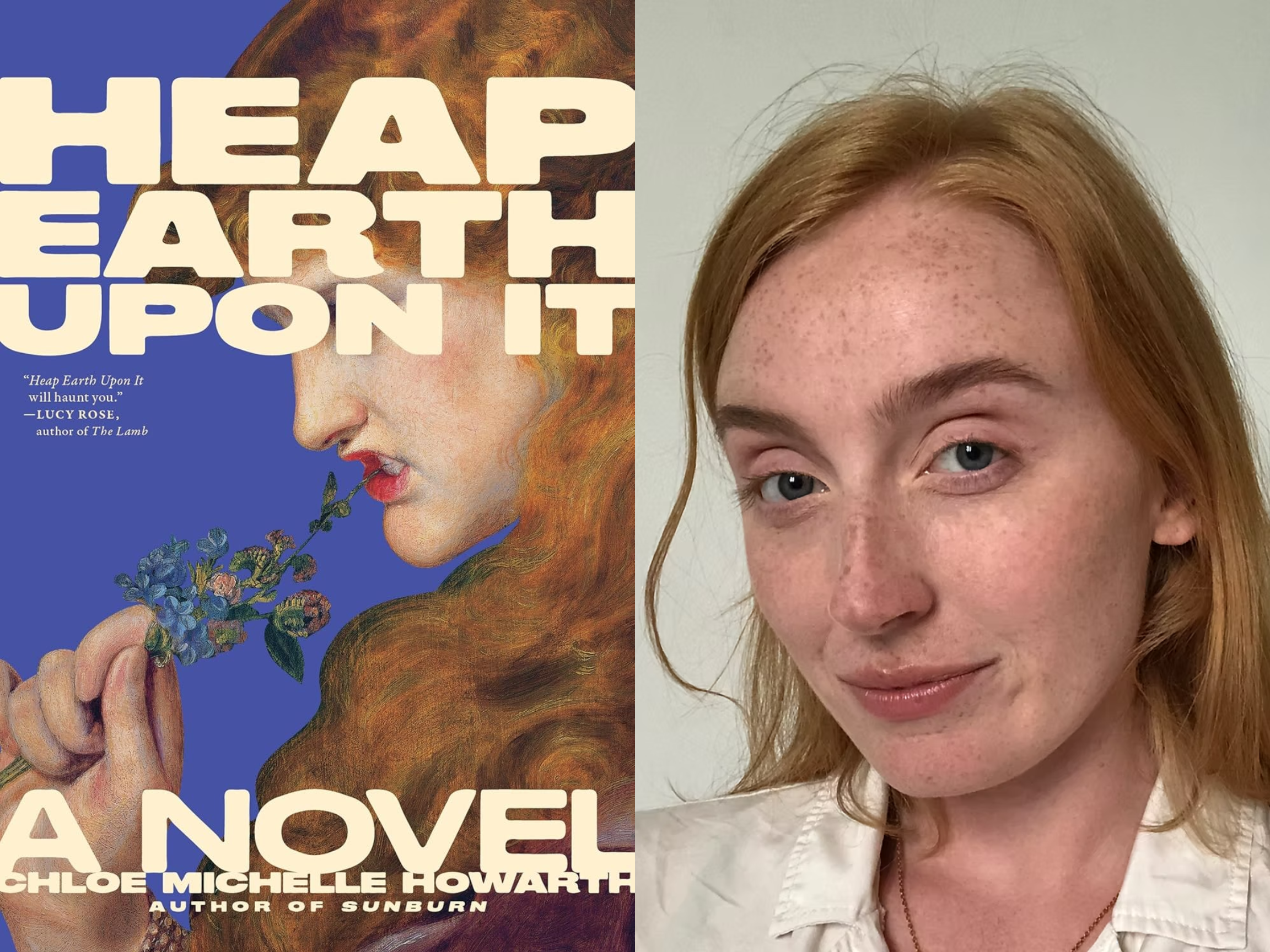 Book cover of 'Heap Earth Upon It' by Chloe Michelle Howarth with an illustration of a woman with long red hair holding a sprig of flowers to her lips, against a purple background.