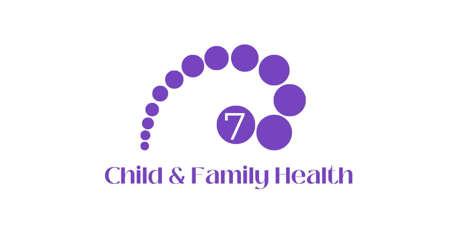 Logo for Child & Family Health, featuring a series of beige dots forming a spiral with the number 7 in a circle and the text 'Child & Family Health' below.
