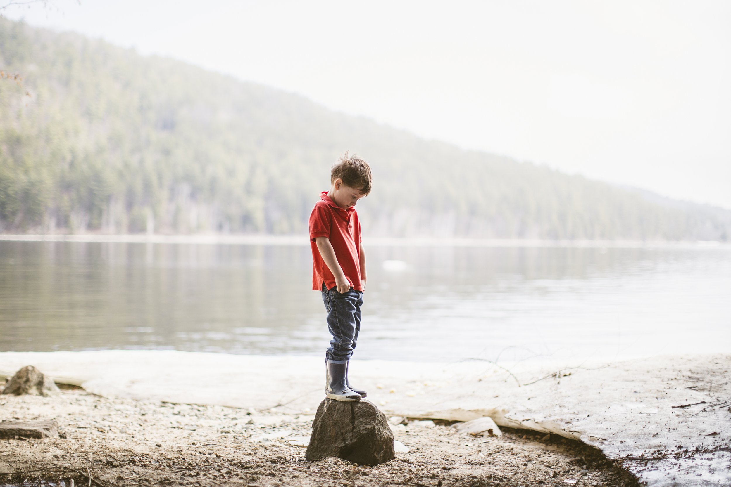 A young boy in a red shirt stands thoughtfully on a rock by a lake, surrounded by a serene and misty natural landscape.