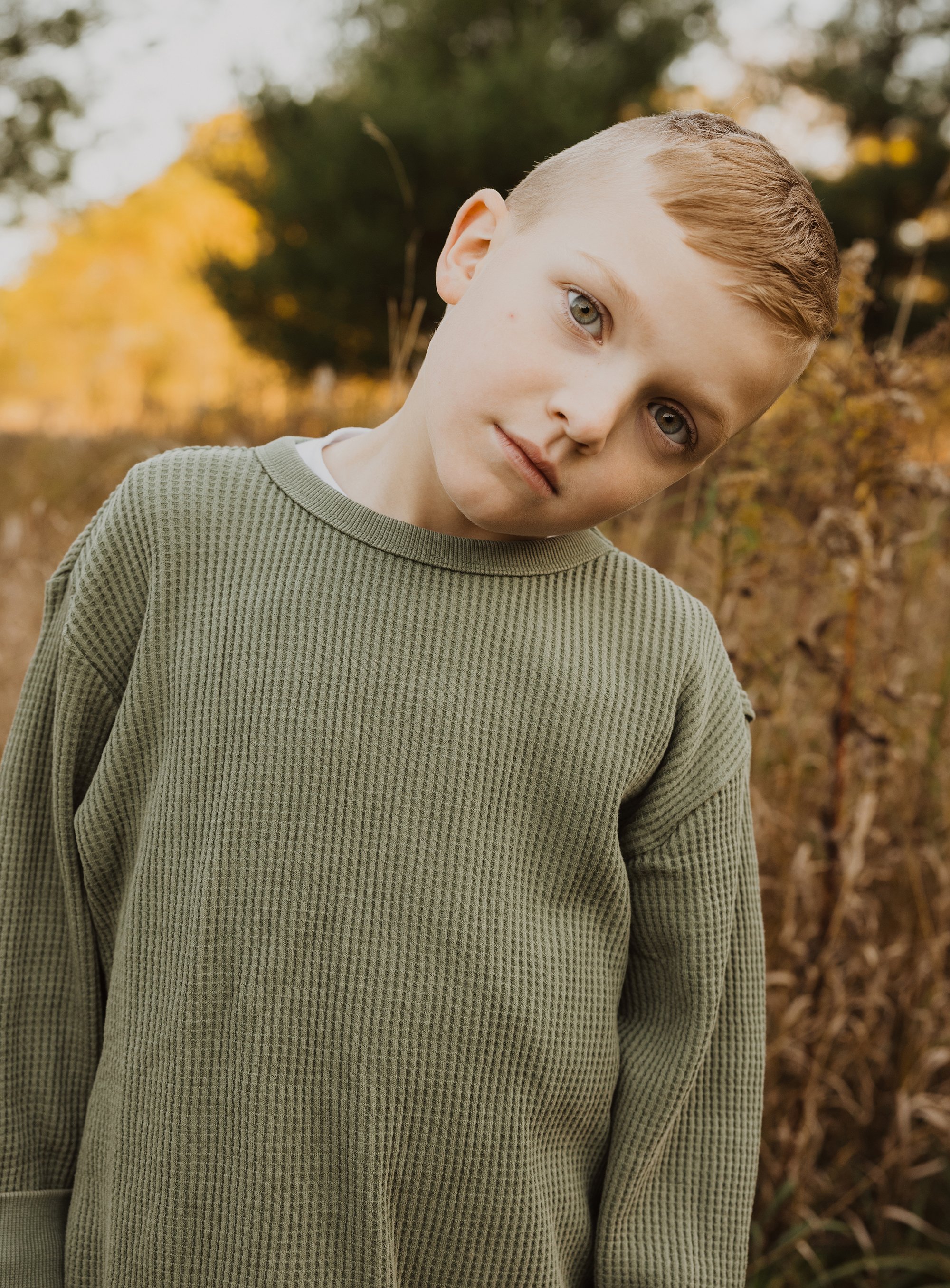 Young Boy Serious Look Autumn Fall Portrait: A young boy with a serious expression, standing outdoors in a fall setting, wearing a green sweater.