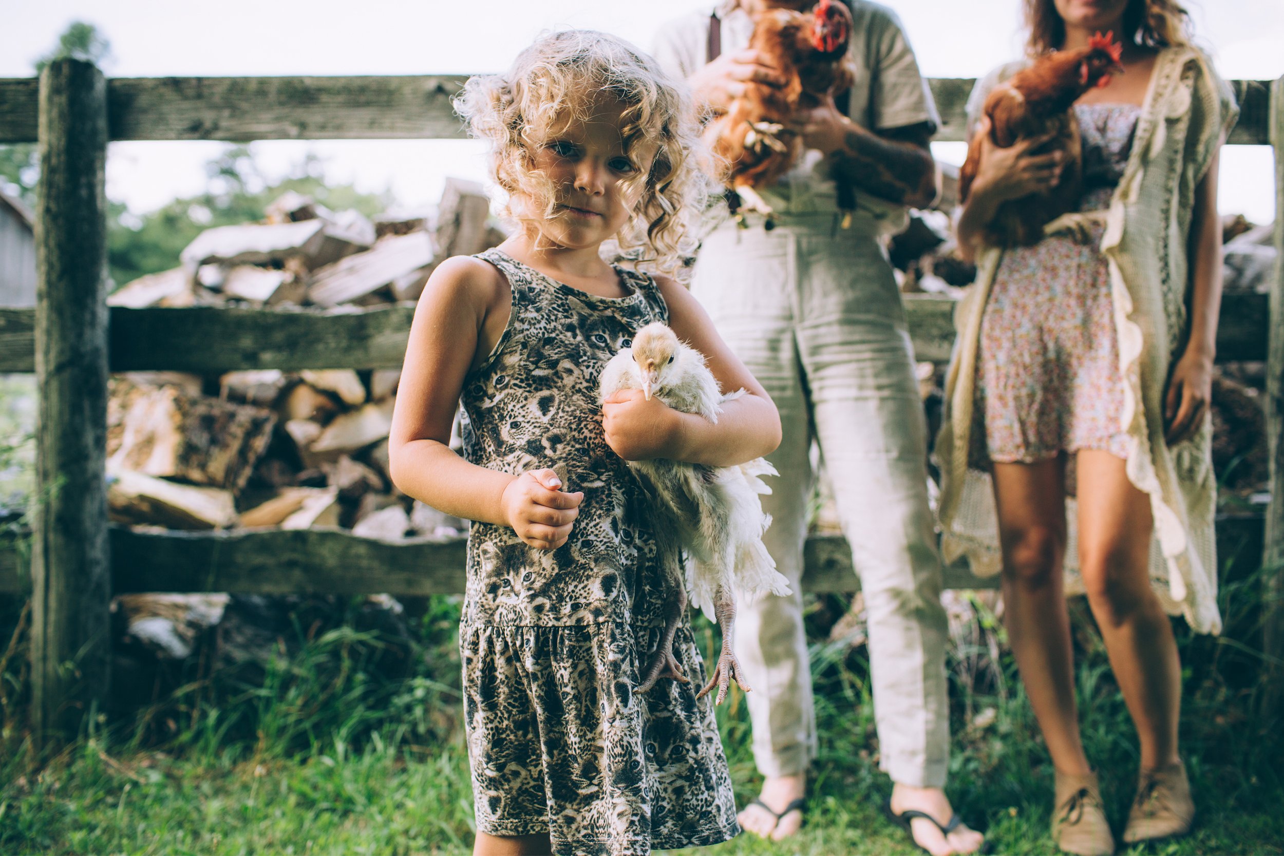 A child gently holding a chicken in front of a wooden fence, surrounded by family members on a farm.