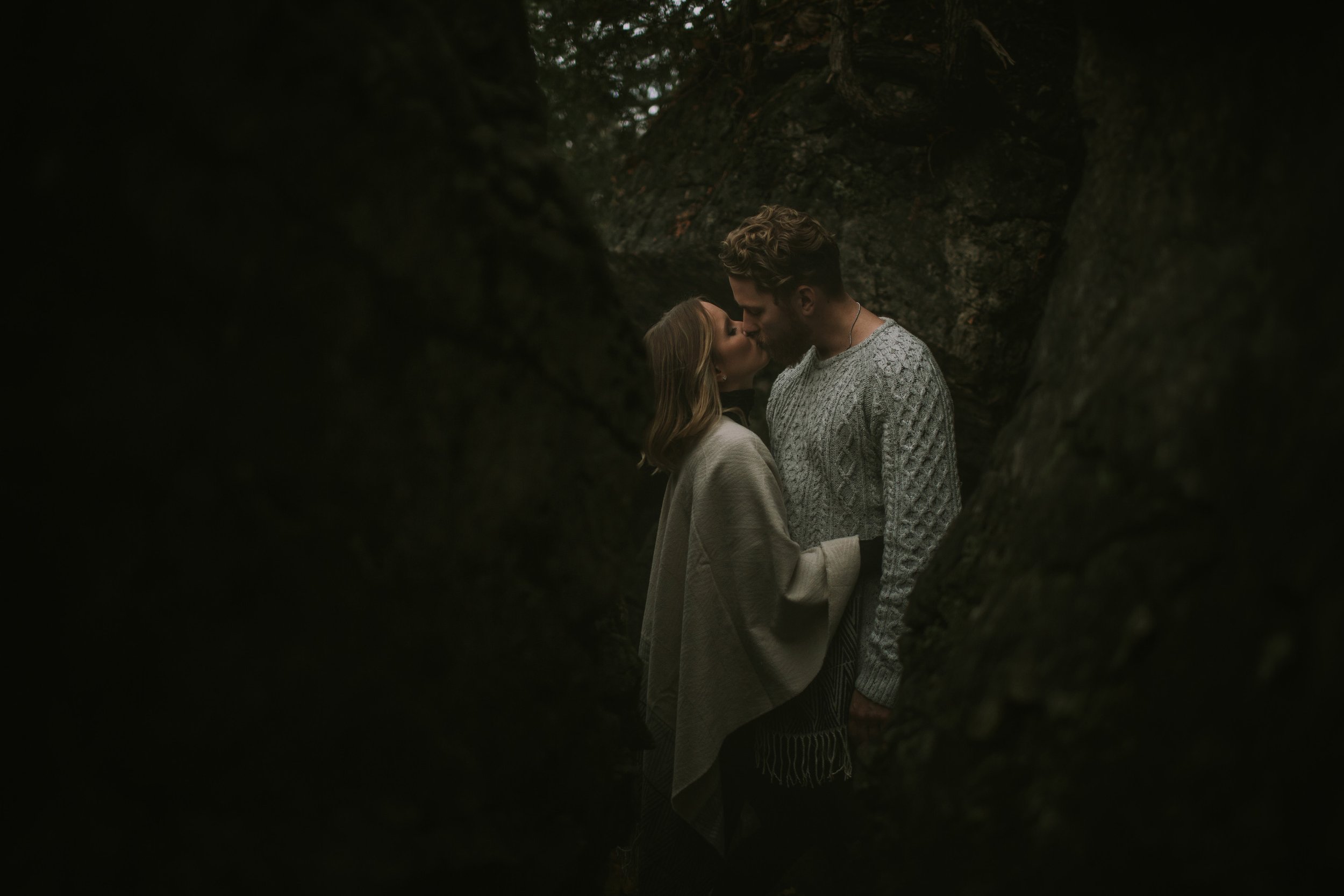 A moody, dark photograph of a couple sharing a kiss in a secluded, forested area.