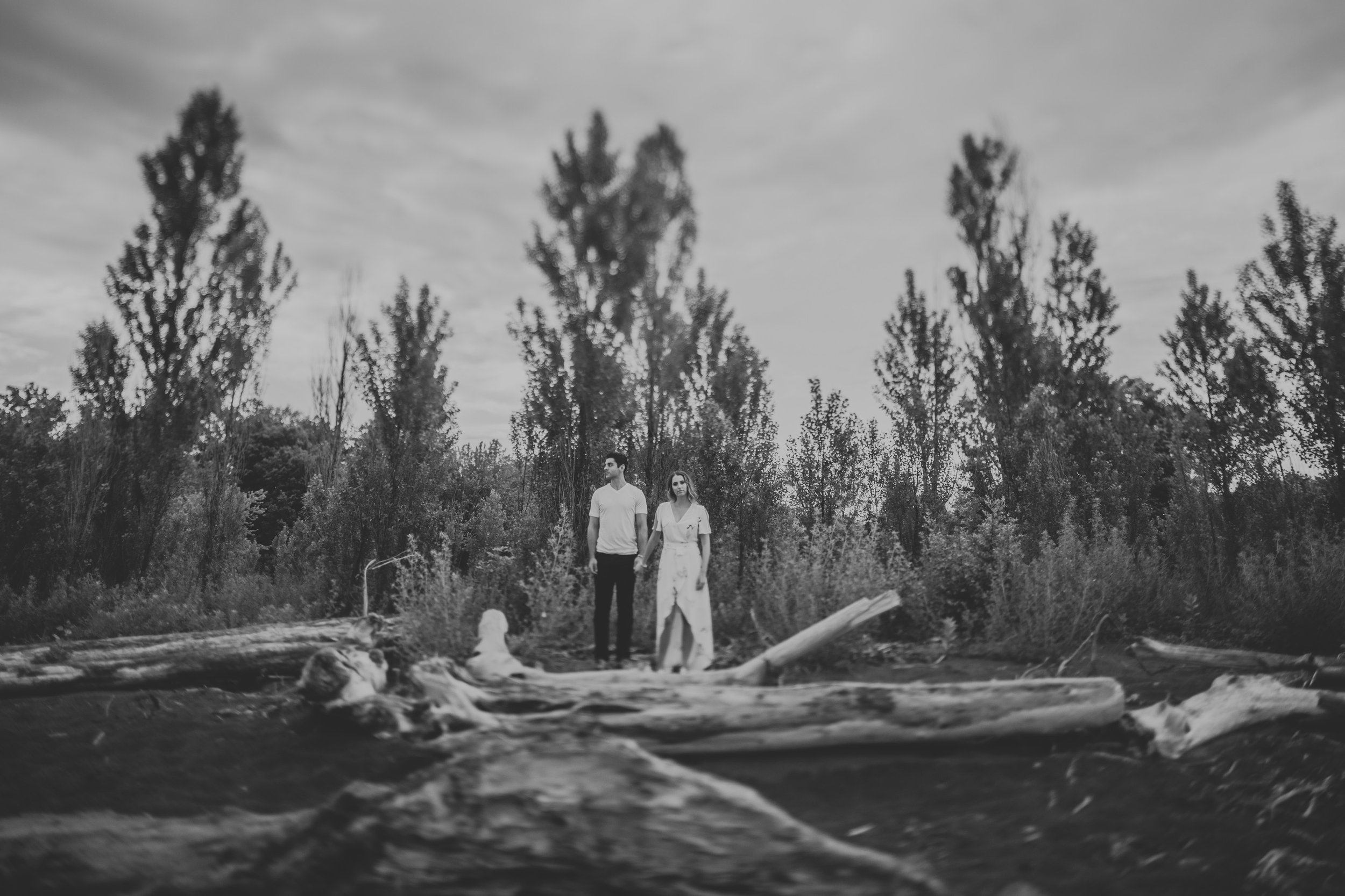 A couple stands on a driftwood-strewn beach, surrounded by a natural woodland setting, capturing a serene and loving moment in nature.