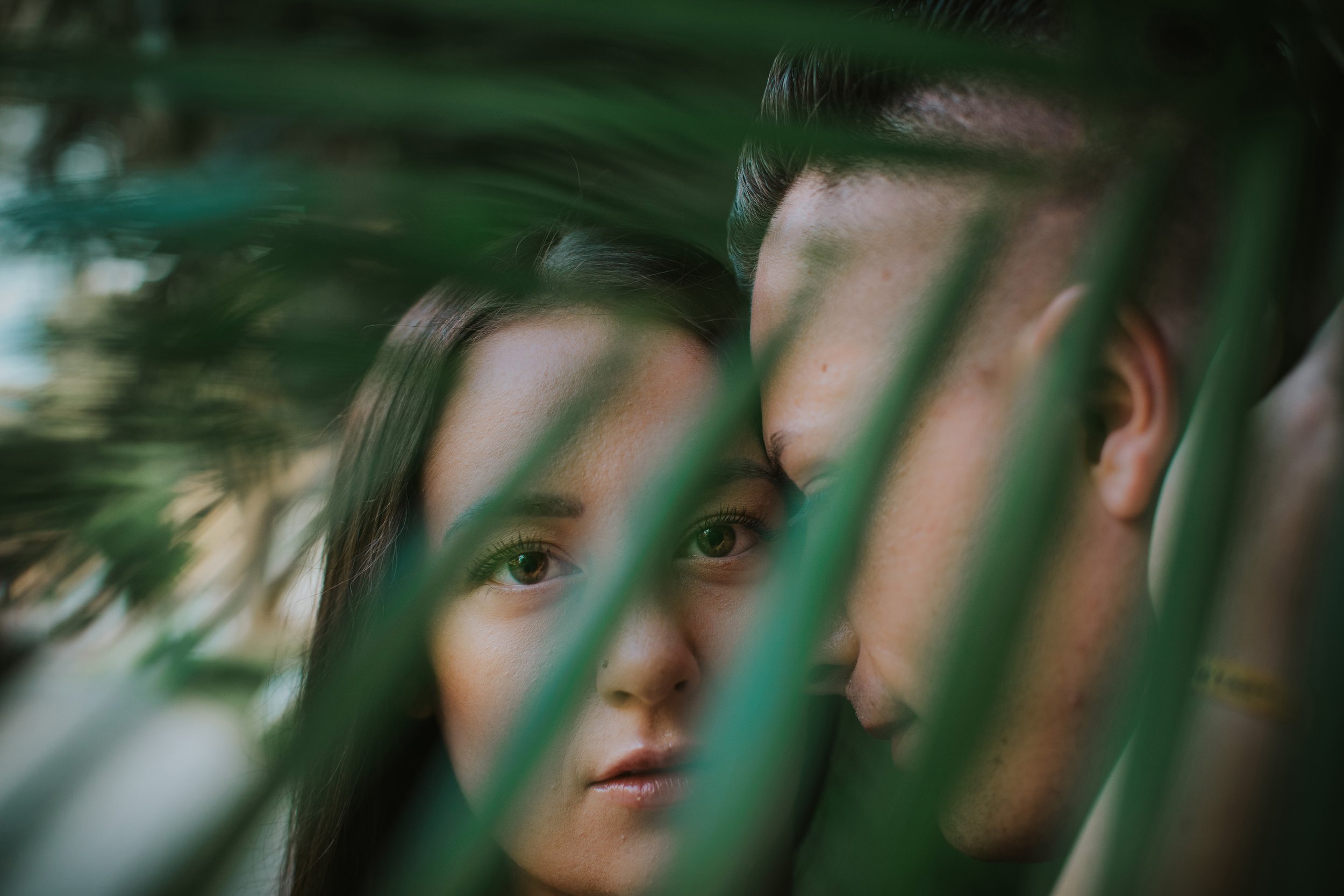 A close-up shot of an engaged couple partially hidden behind tropical palm leaves, focusing on their eyes and the intimate connection between them.