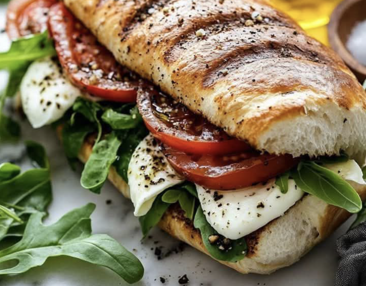 Close-up of a sandwich with fresh tomato slices, mozzarella cheese, spinach leaves, and herbs on a toasted baguette, garnished with black pepper.