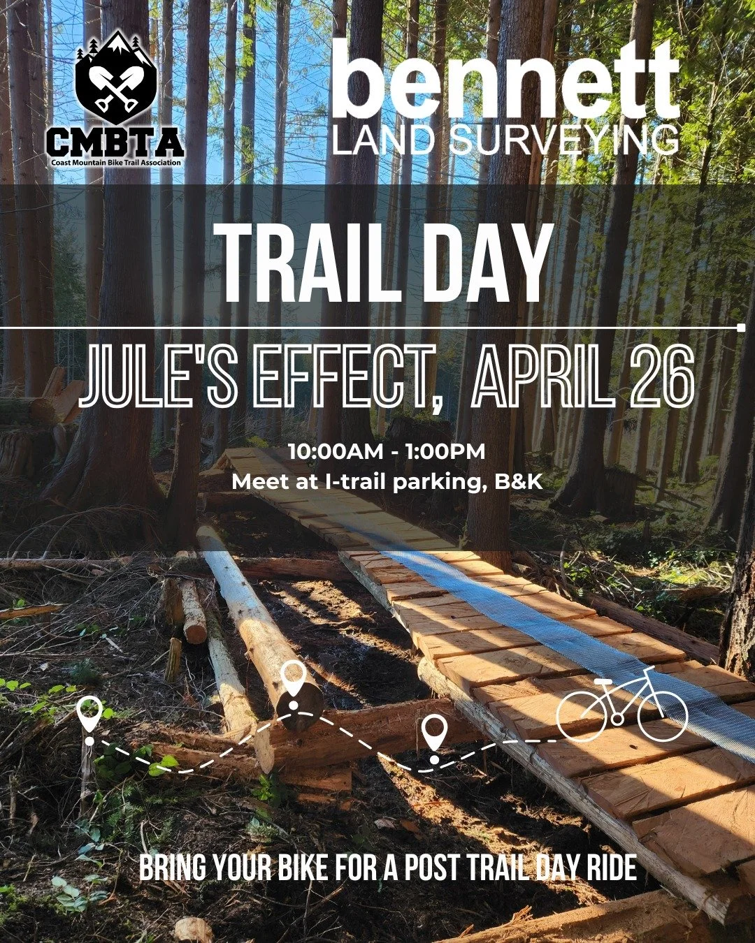 Trail Day is back!

Join us on Sunday, April 26th from 10:00AM to 1:00PM as we head out to work on Jule&rsquo;s Effect and get it running smooth for the season.

We&rsquo;ll be meeting at the i-Trail parking spot to get things started.

Everyone&rsqu