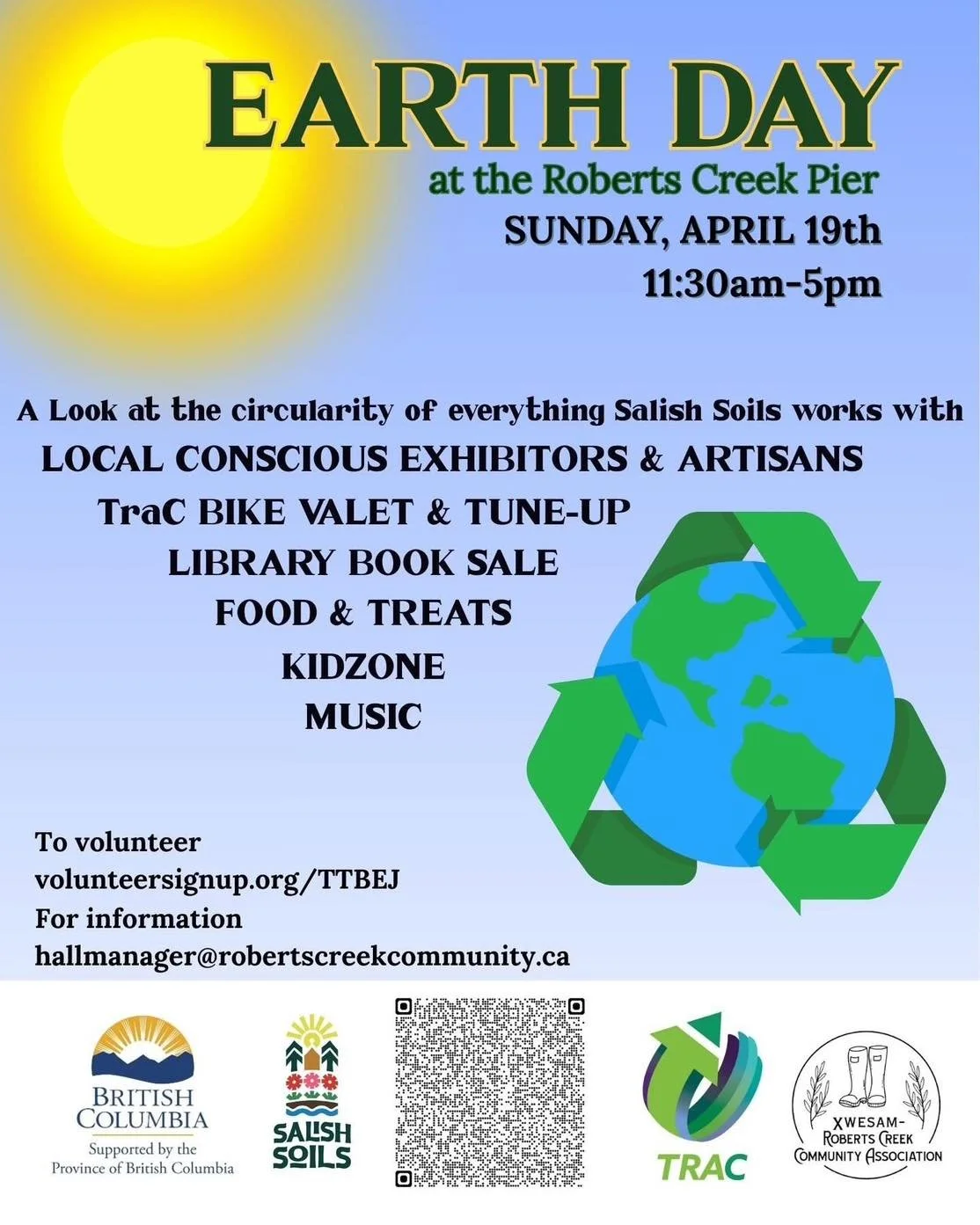 Join us for Earth Day in Roberts Creek 🌿

We&rsquo;ll be at the Earth Day celebration at Roberts Creek Pier on Sunday, April 19, 2026, from 11:30 a.m. to 5:00 p.m.

Come by to talk trails, biking, and everything happening in the local network. We&rs