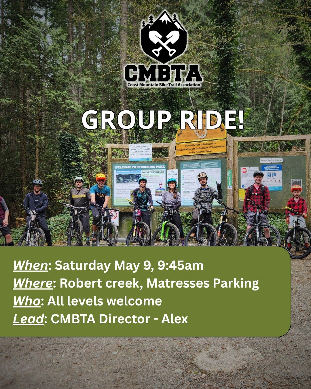We&rsquo;re rolling out for a CMBTA Group Ride and you&rsquo;re invited, whether you&rsquo;re chasing flow, dialing tech, or just out for a cruisy lap with good people.

📍 Roberts Creek (Mattresses Parking)
🕘 Saturday, May 9 at 9:45am
🚵 All levels