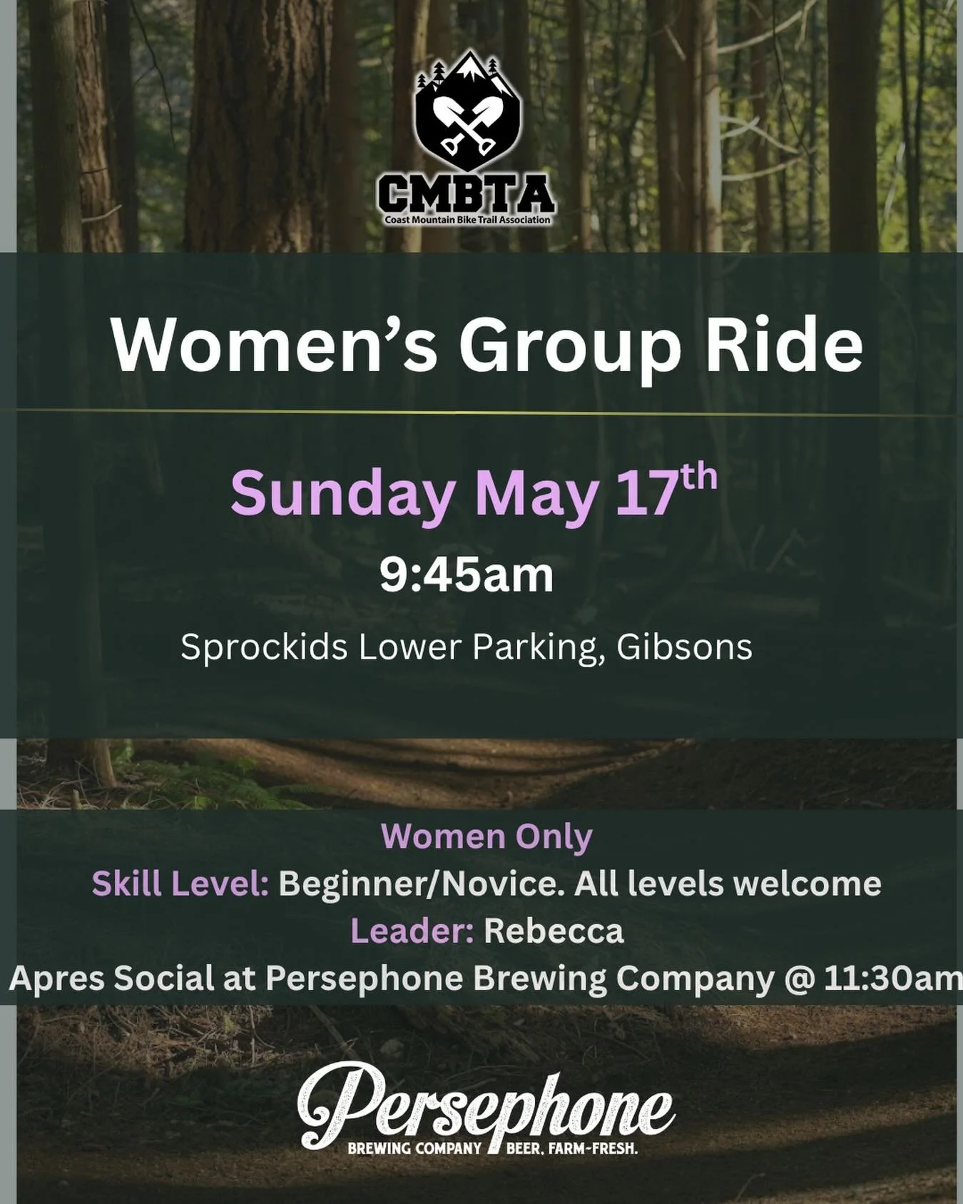 Ladies, get your bikes ready! Women&rsquo;s group ride is coming up this weekend!

Sunday morning, join Rebecca for a chill paced ride in Sprockids park, then head back to Persephone Brewing Company to chat and chill after the ride. Meetup is at 9:45
