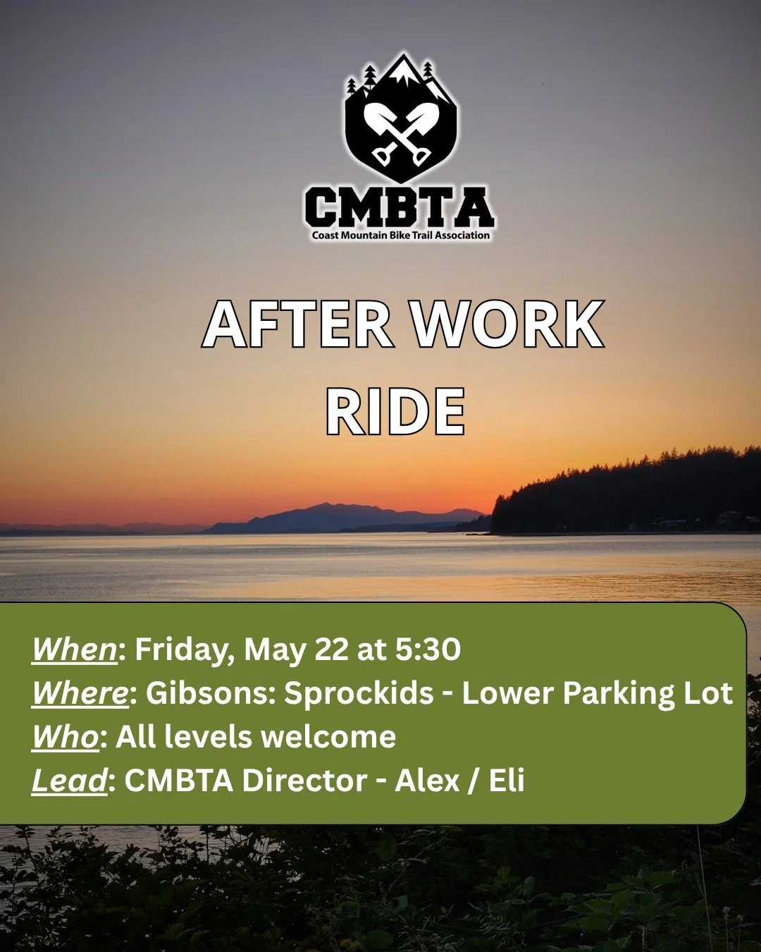 Clock out, grab your bike, and come ride Sprockids with us this Friday evening 🌲🚵

Join CMBTA Directors Alex and Eli for a fun after-work group ride in Gibsons. Whether you&rsquo;re chasing flow, sessioning features, or just looking for a cruisy la