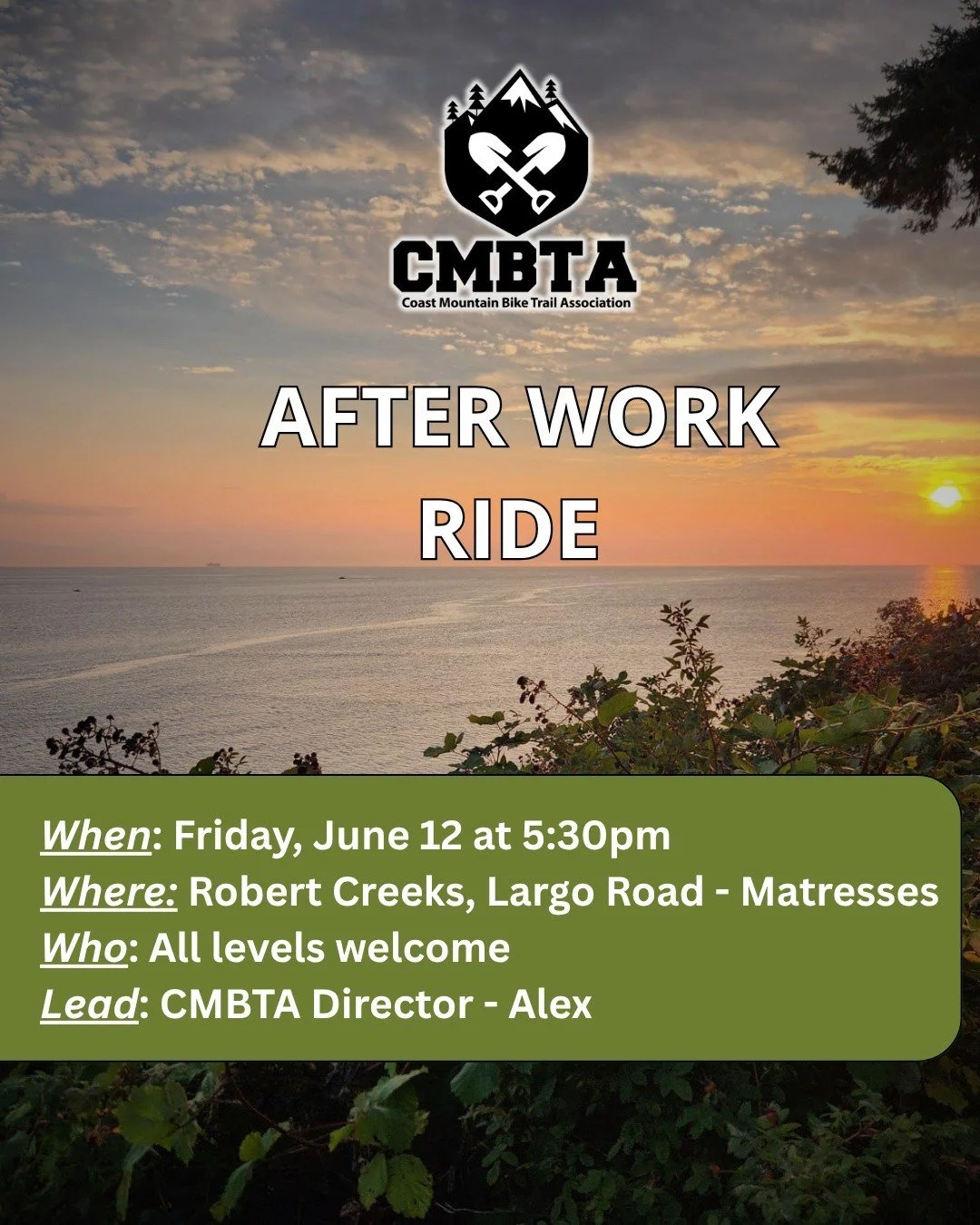 Clock out, grab your bike, and come ride Roberts Creek with us this Friday evening 🌲🚵

Join CMBTA Directors Alex for a fun after-work group ride in Roberts Creek. Whether you&rsquo;re chasing flow, sessioning features, or just looking for a cruisy 