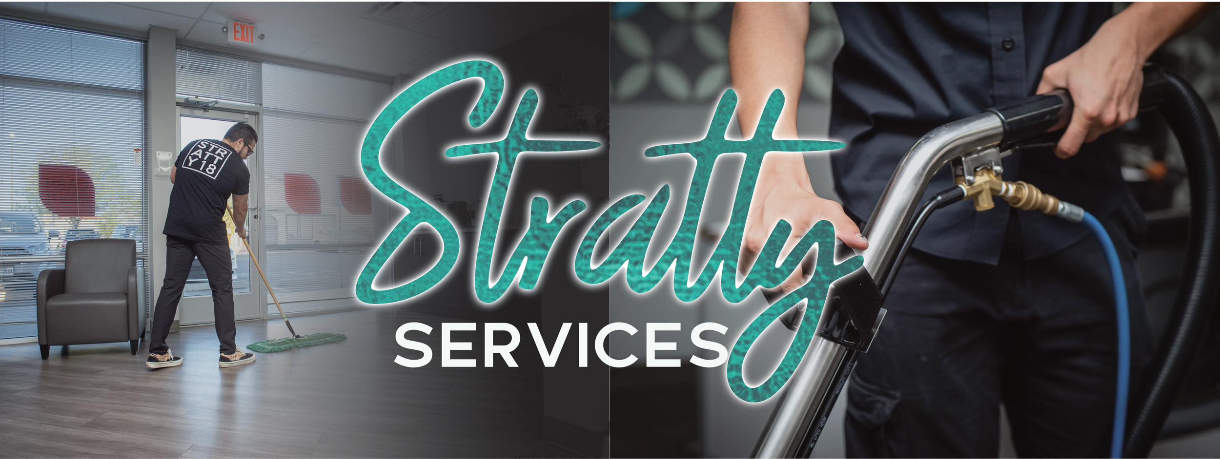 A person is cleaning a lobby floor with a mop on the left side of the image, and another person is vacuuming on the right side of the image. The text overlay says 'Staff SERVICES'.