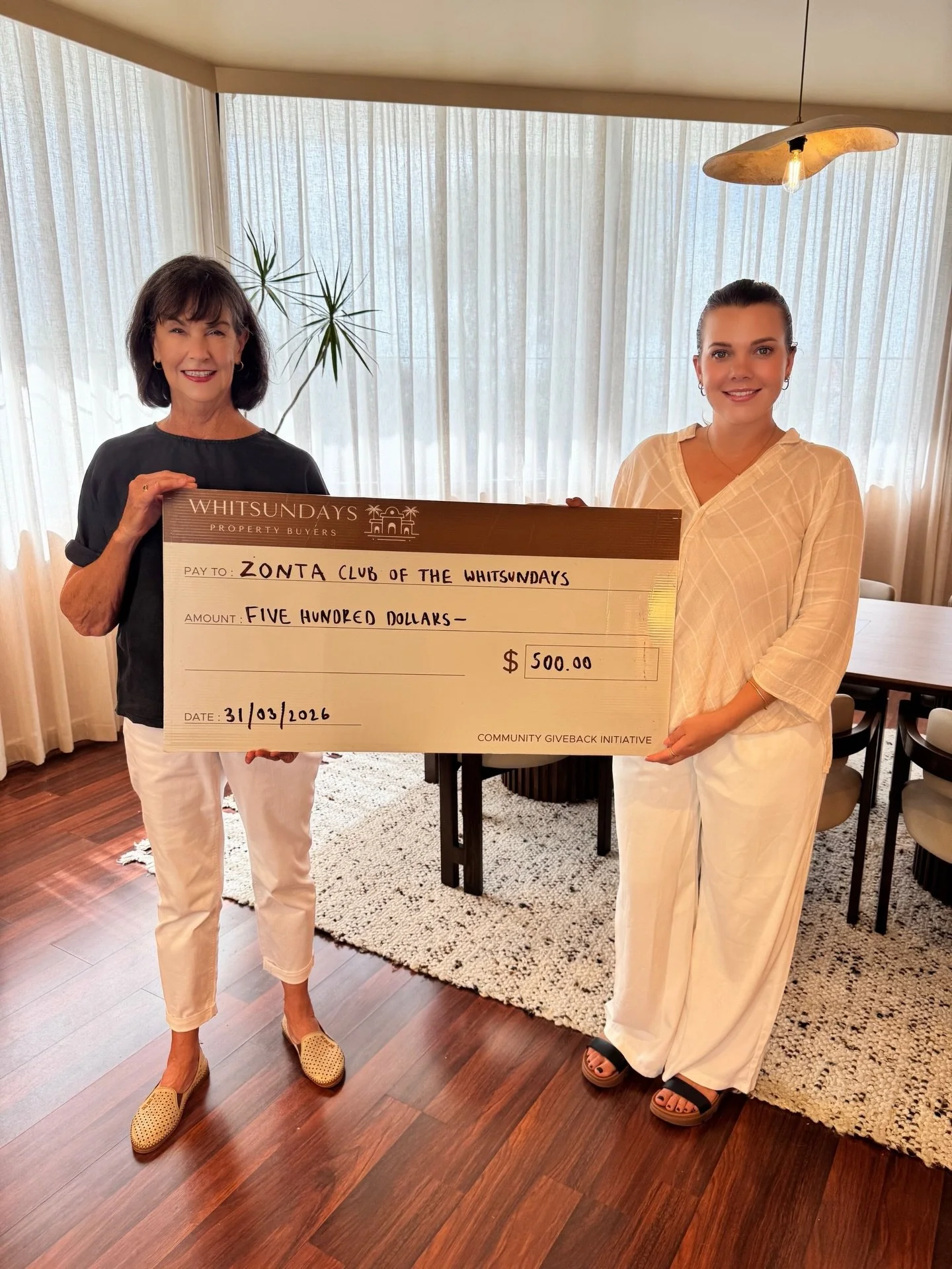At Whitsundays Property Buyers, a portion of every service fee is directed back into our local community - and this time, our client Sandra (pictured right) chose the Zonta Club of the Whitsundays to receive $500.

Pictured on the left is Janice, Sec