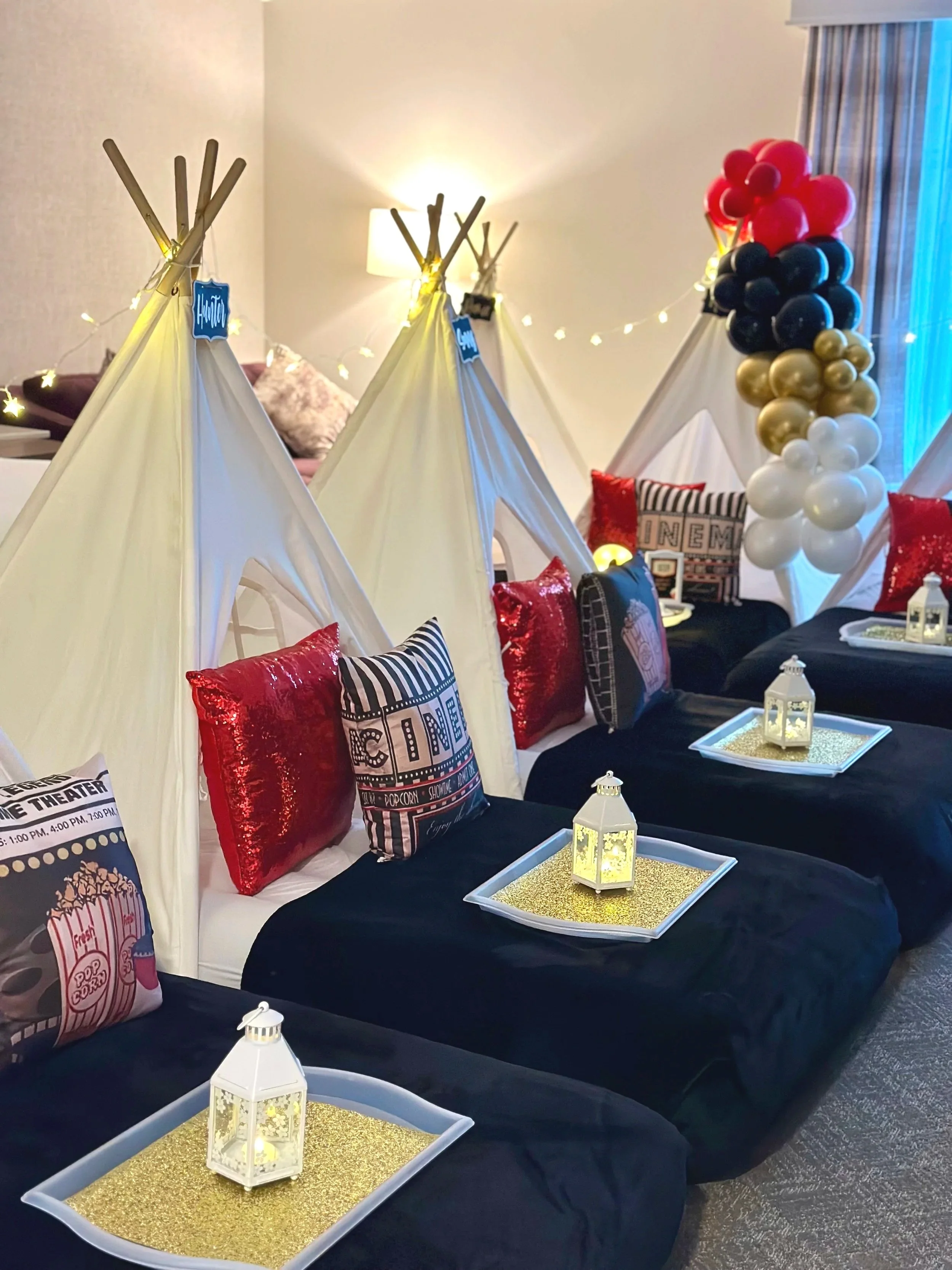 Boston teepee party | sleepover party | teepee party | slumber party | Air mattresses | Balloon Garland