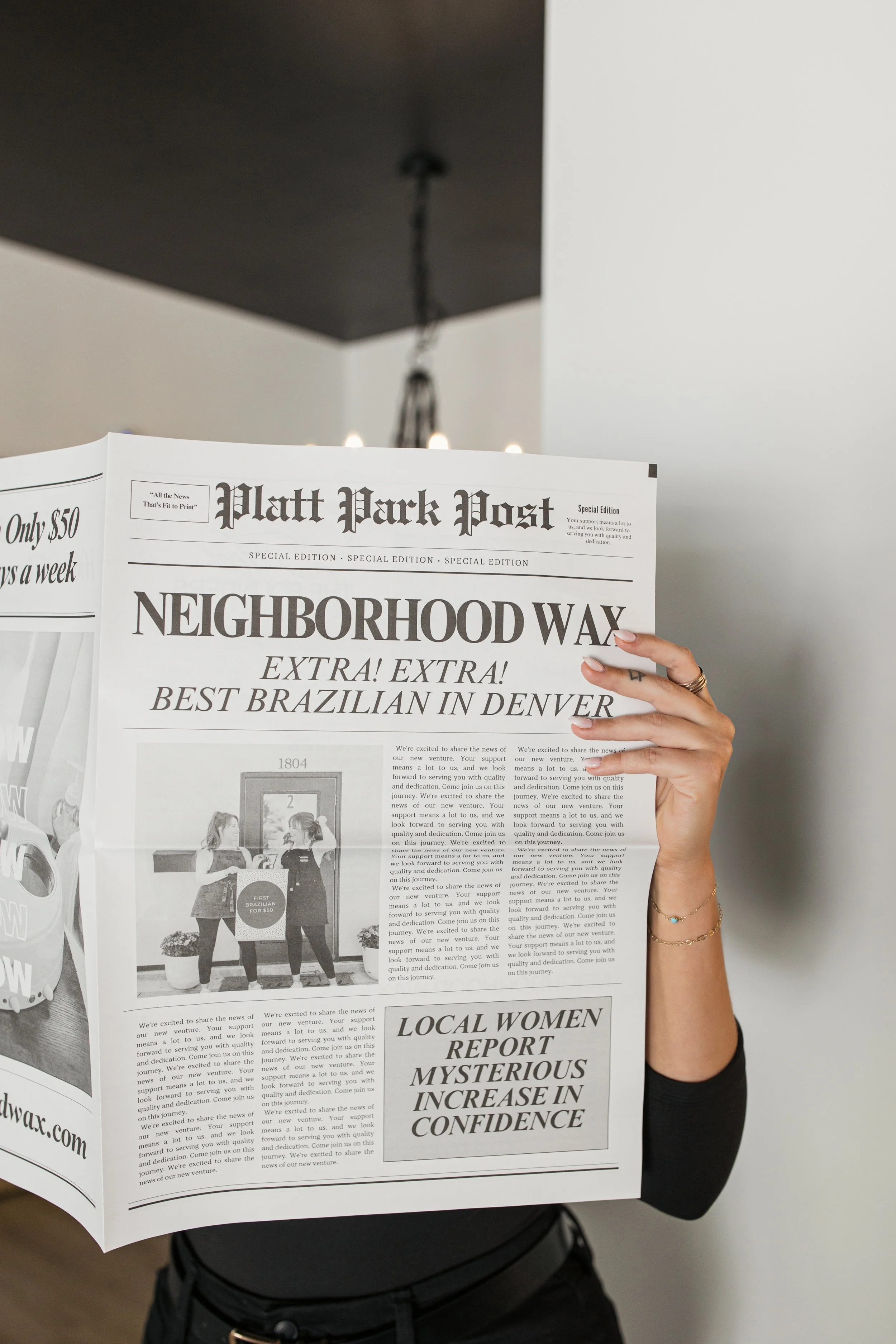 Neighborhood Wax promotional newspaper featuring Brazilian waxing in Denver