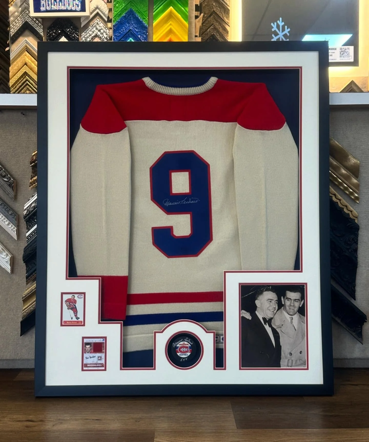 Check out this week&rsquo;s coolest project! A full custom frame featuring a Maurice Richard classic jersey, cards, and a signed puck 🏒 💫 
.
.
.
#myframingstore #customframing #mauricerichard #hockey #montrelcanadiens #hockeyhistory #nj #edison #me