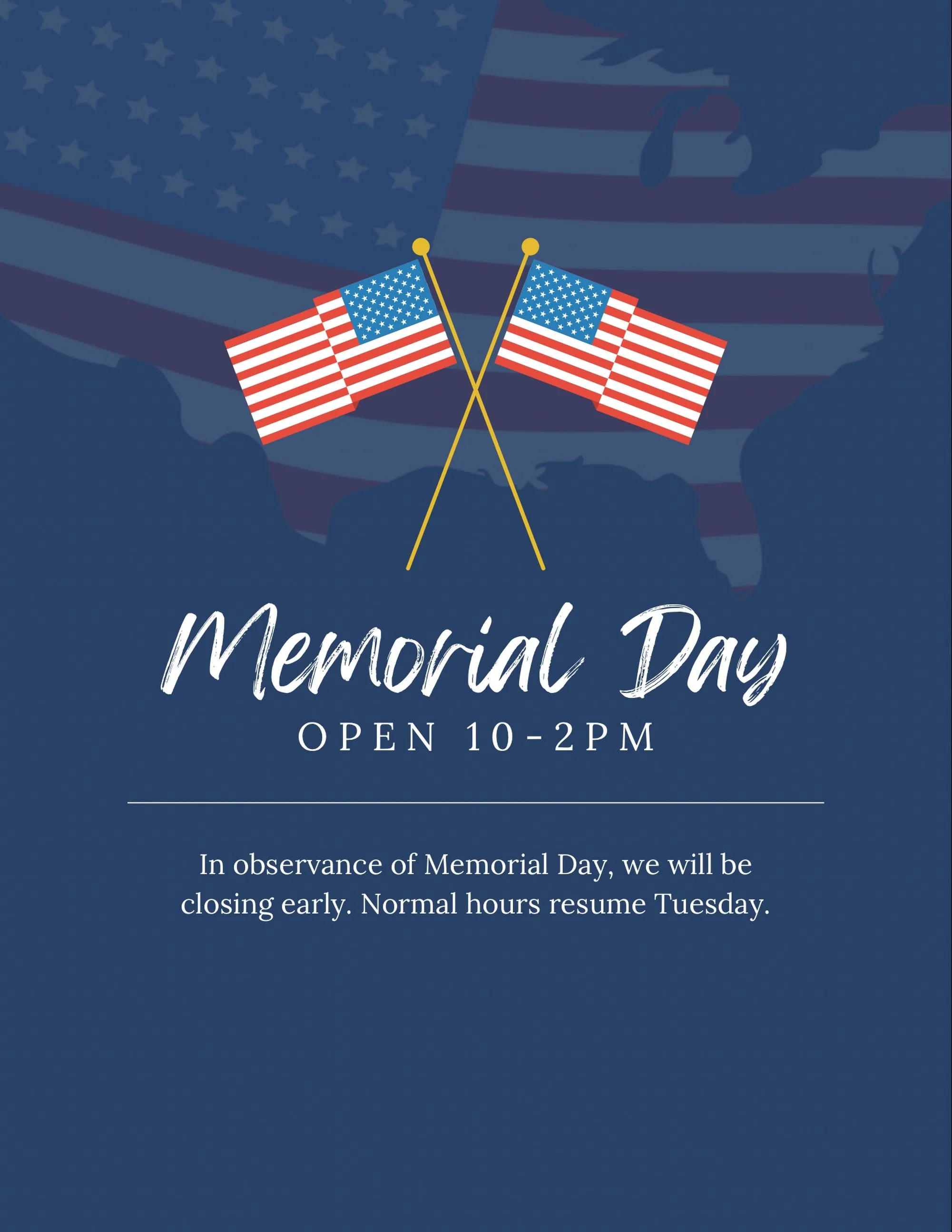 Hope everyone is enjoying the long weekend. Please note we will be closing early tomorrow in observance of Memorial Day. 🇺🇸