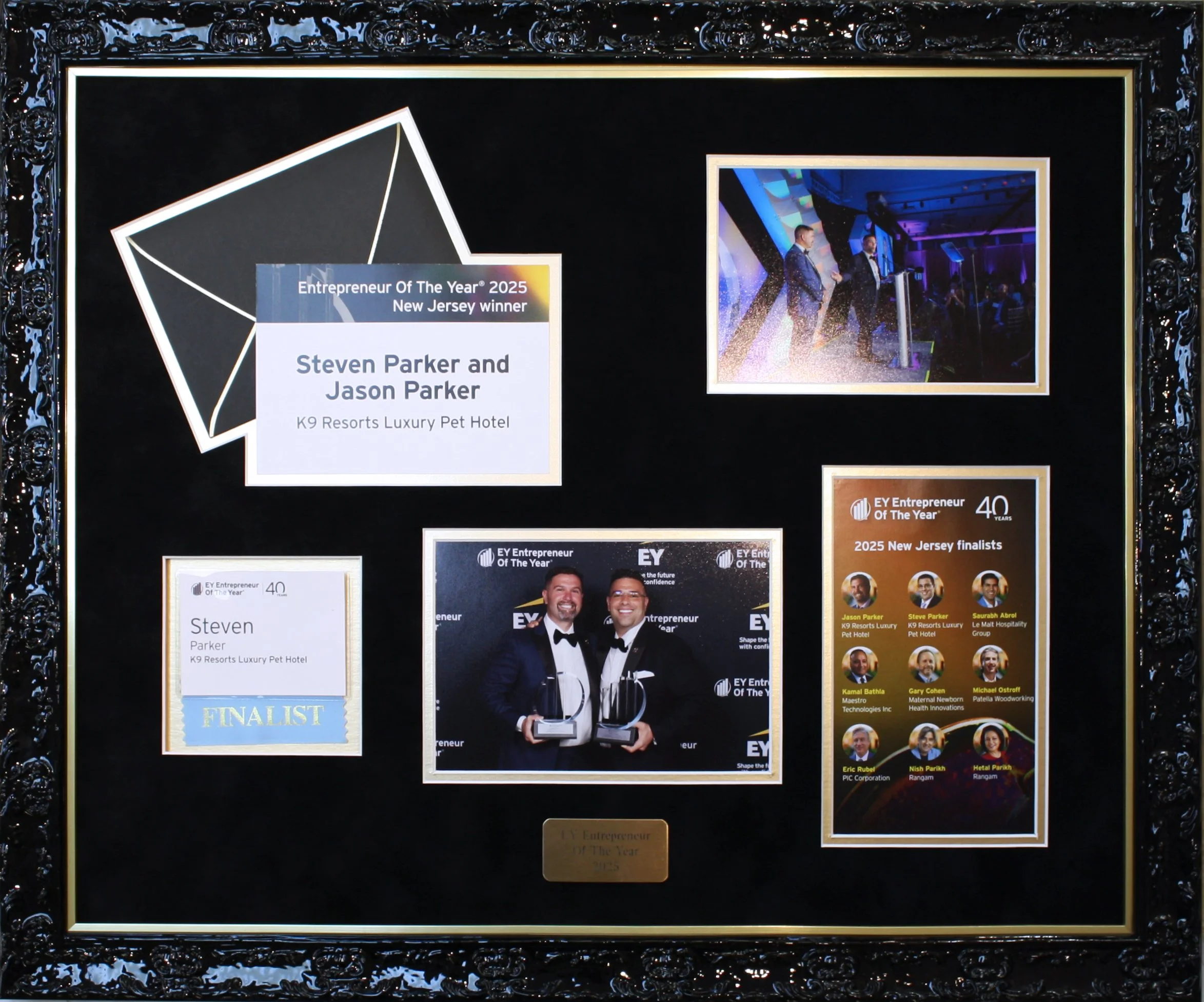 A framed collage of award recognitions and photos, including a large award for Entrepreneur of the Year 2025 won by K9 Resorts Luxury Pet Hotel, with pictures of the award presenters, finalists, and two men in tuxedos holding trophies, celebrating th