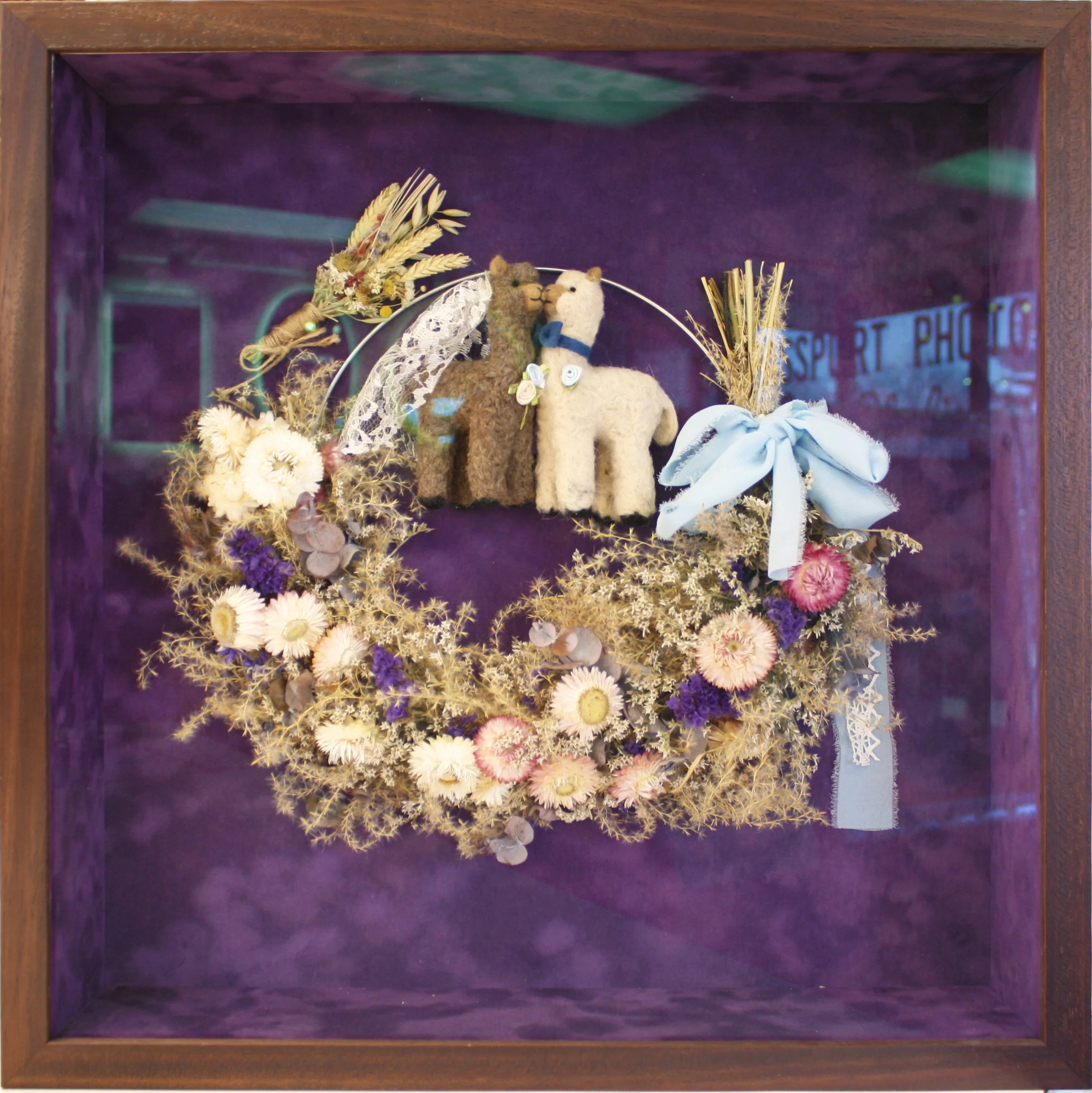 A decorative framed display in a wooden frame featuring two small plush llamas, some dried flowers, and a light blue ribbon, against a purple background.
