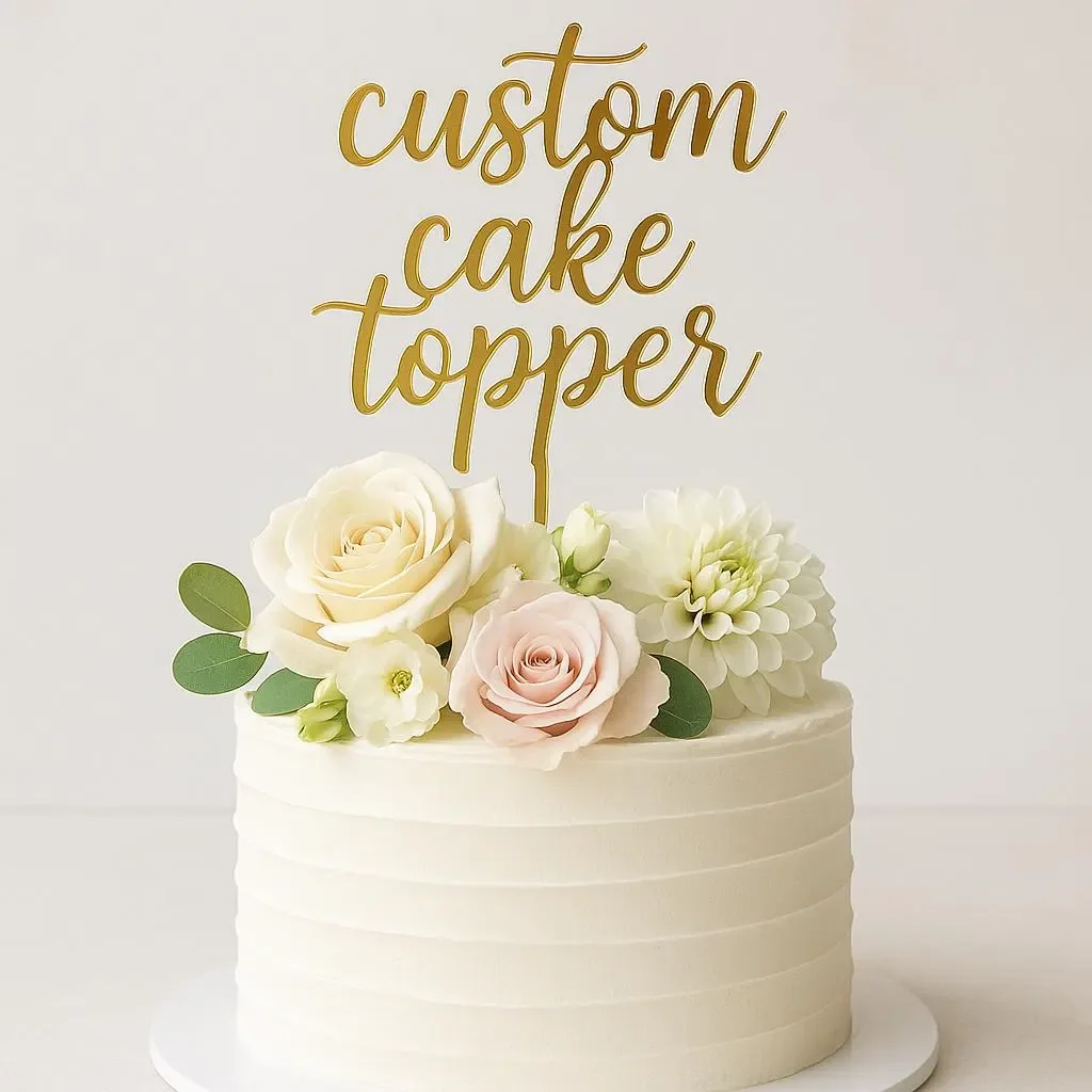 A white frosted cake decorated with white and blush roses, green leaves, and a gold sign that reads 'custom cake topper' on top.