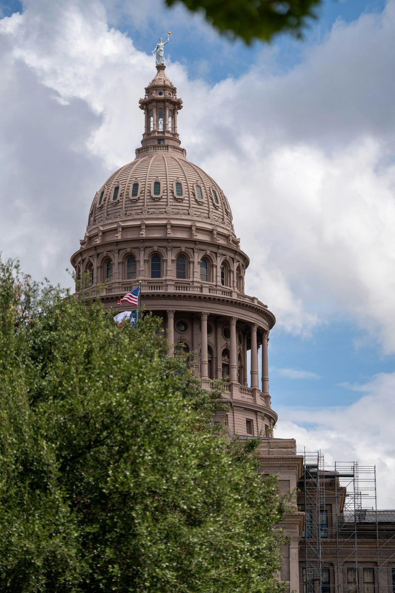 The Texas State Capitol building with a dome, a statue at the top, and American flags, partially obscured by trees, under a cloudy sky.