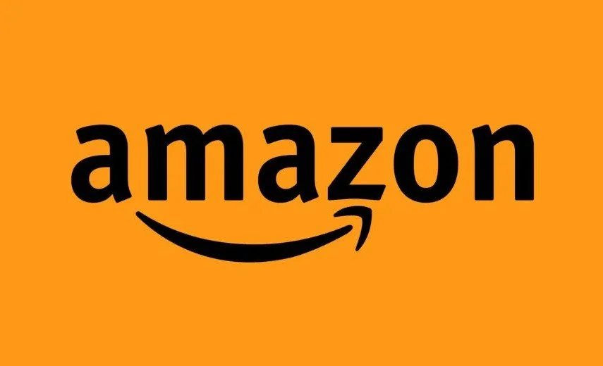 Amazon logo with black text and a curved arrow underneath on an orange background.