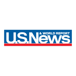 Logo of US News & World Report with text in blue, white, and red.