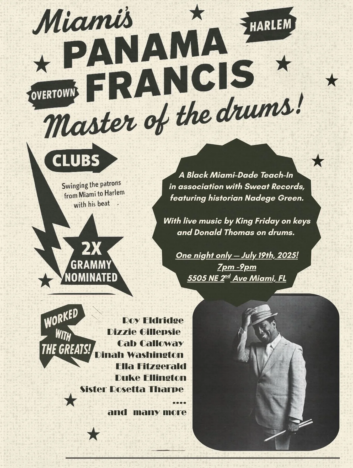 Happening TONIGHT (Saturday) at Sweat Records in Little Haiti!
A Black Miami-Dade teach-in accompanied by live music—@kingfridayx on keys and Donald Thomas on drums!
Historian Nadege Green takes us on an exploration of Overtown’s Panama