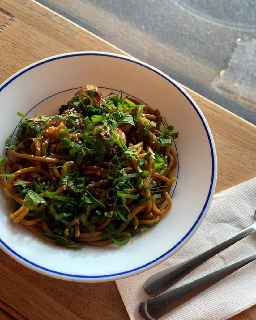 Hokkien noodles, &quot;Lion's Head&quot; meatballs, mustard greens, spring onions

One of our first dinner menu items that ended up shaping our dinner menu. The meatballs are Grandma's shanghai-nese recipe that Mum kindly whatsapp'd and translated fo