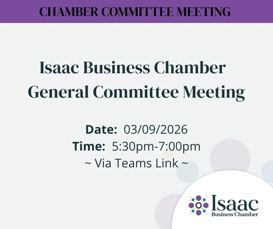 A digital flyer for the Isaac Business Chamber general committee meeting on March 9, 2026, from 5:30 to 7:00 pm via Teams link, with the Isaac Business Chamber logo at the bottom right.