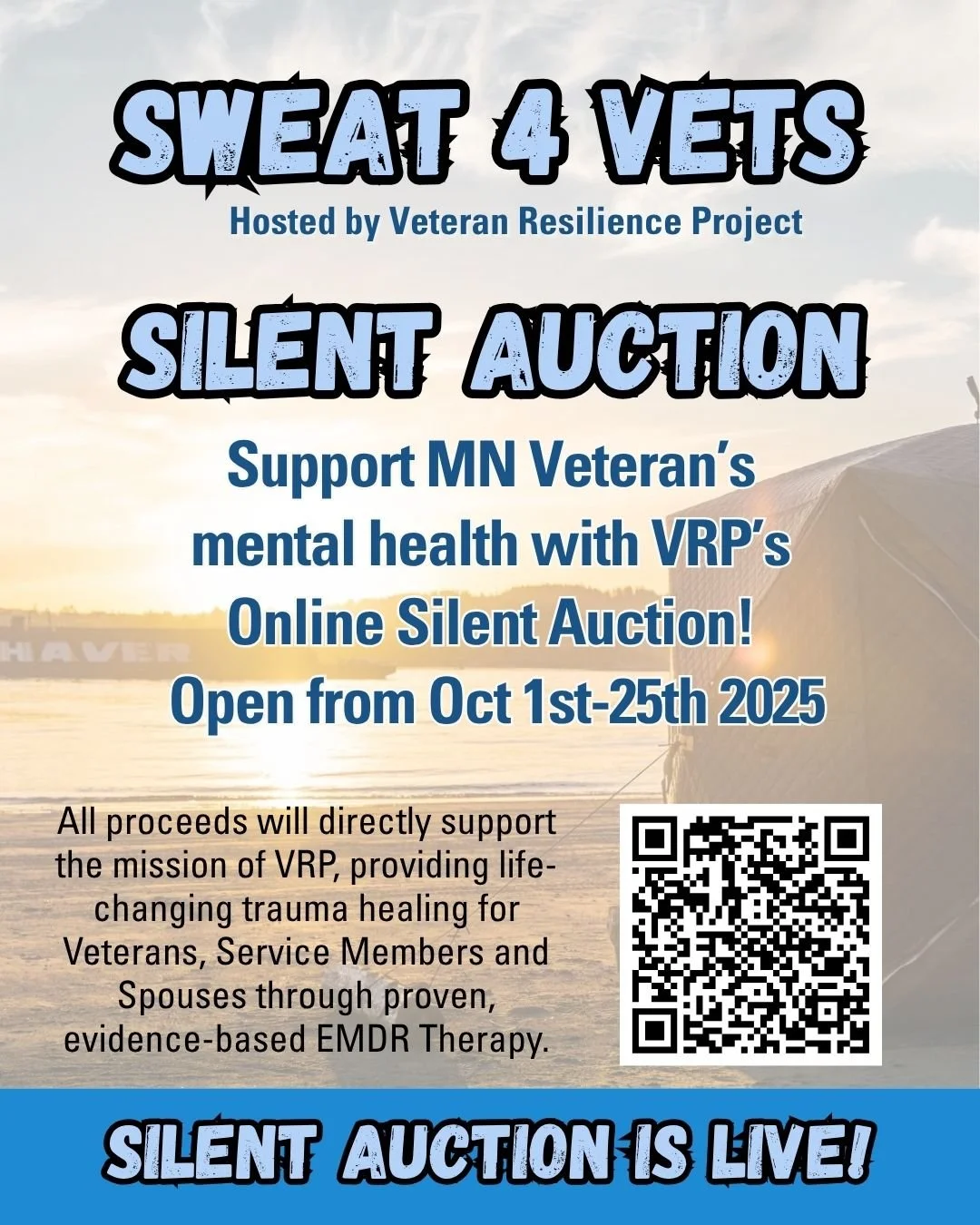 🎉 It&rsquo;s LIVE! 🎉
The Sweat 4 Vets Silent Auction is officially open! 🖥️✨

From unique items, gift cards, experiences- every bid you place fuels our mission: providing life-changing EMDR therapy for MN Veterans and their Spouses💙

This auction