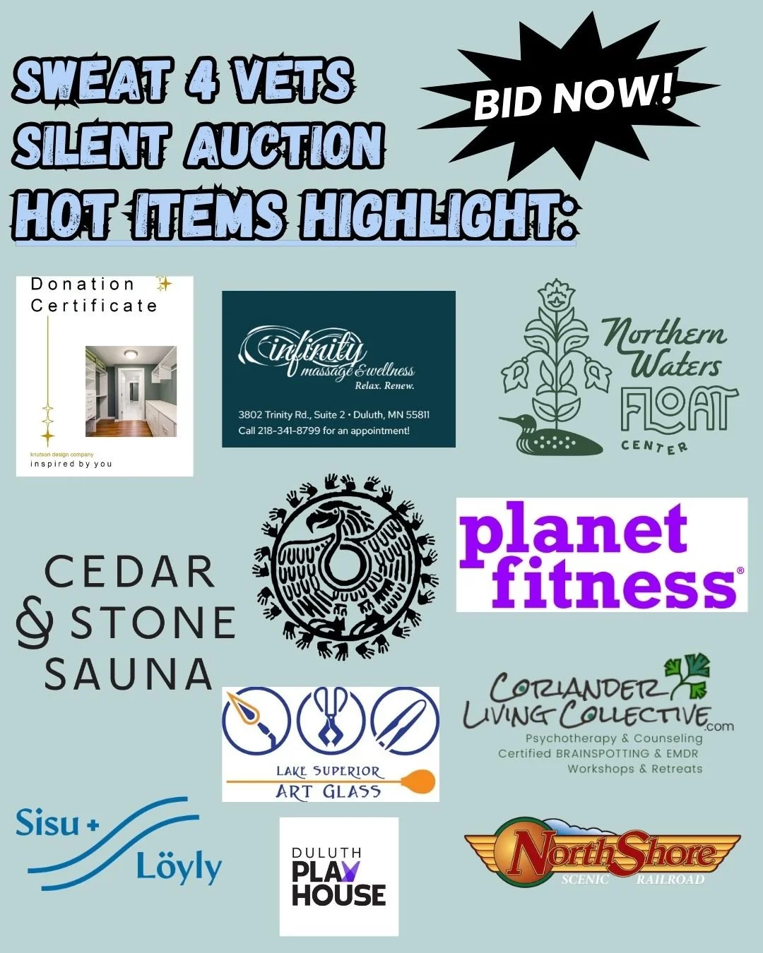 🔥 HOT ITEM HIGHLIGHT: TREAT YOURSELF 🔥
This year’s Sweat 4 Vets Silent Auction isn’t just about giving back — it’s about taking care of you, too. 💙
Check out this incredible self-care and experience packages in the Sweat