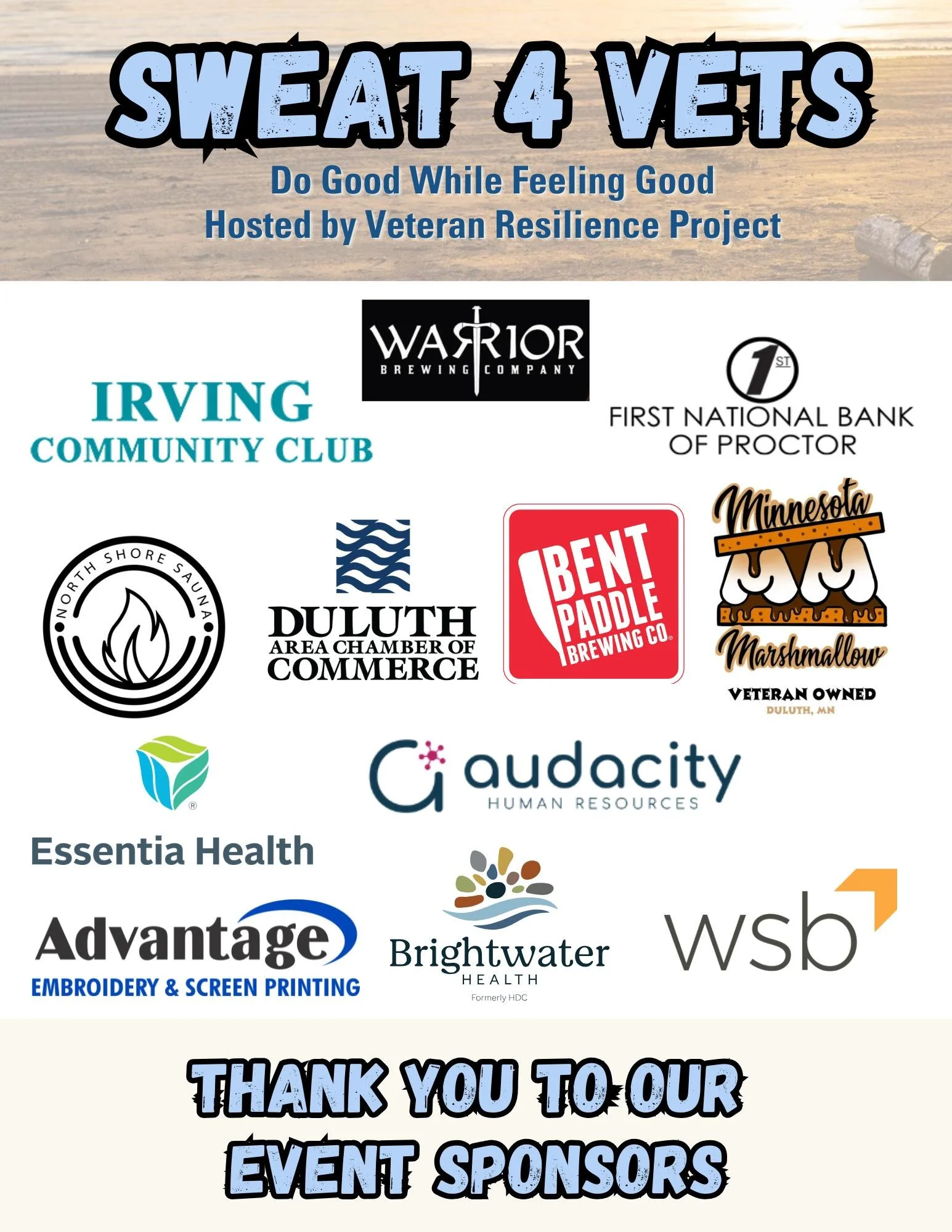 💙 THANK YOU to our incredible 2025 "Sweat 4 Vets" Sponsors! 💙
Warrior Brewing Company @warriorbrewingcompany 
HDC @hdc_north 
@wsbeng 
Advantage Emblem & Screen Printing @advantageemblem 
Audacity LLC @audacity_hr 
The Minnesota Mars