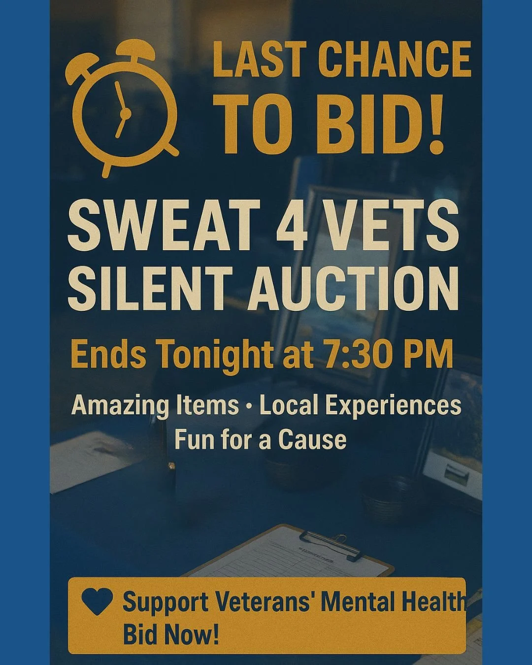 ⏰ Final Call! ⏰
The Sweat 4 Vets Silent Auction closes TONIGHT at 7:30 PM!
Don’t miss your chance to grab amazing items — from local experiences to luxury getaways — all while supporting Veterans’ mental health through the Ve