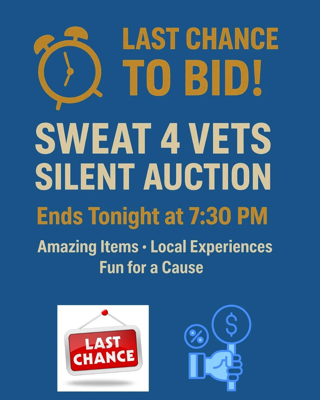 ⏰ Only 1 Hour Left! ⏰
The Sweat 4 Vets Silent Auction closes at 7:30 PM — this is your final chance to grab incredible items and experiences while supporting veterans’ mental health through the Veteran Resilience Project (VRP).
💛 Every