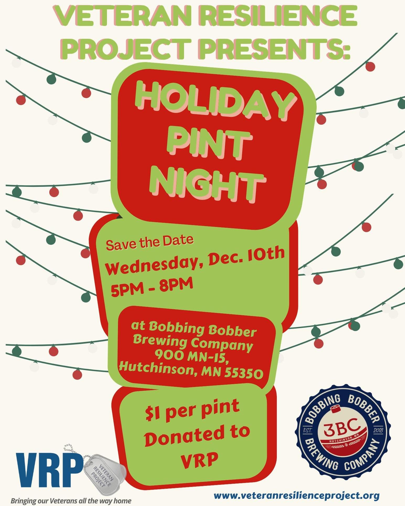 🎄🍻 Cheers to a Cause This Holiday Season! 🍻🎄

Join us for Holiday Pint Night on Wednesday, December 10th from 5 PM &ndash; 8 PM at Bobbing Bobber Brewing Company in Hutchinson, MN!

Every pint you enjoy helps make a difference&mdash;$1 from each 