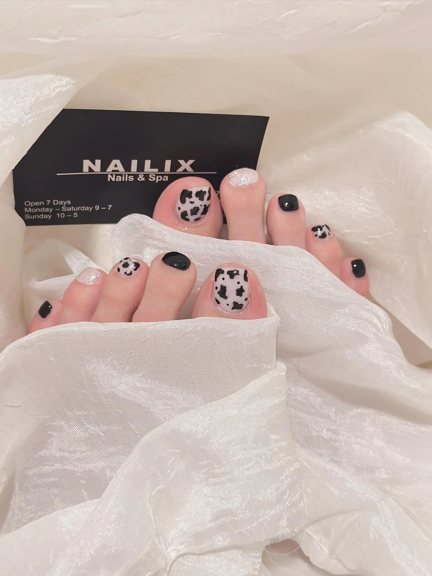 Moo-ve over boring nails! Get the 
&ldquo;cow print&rdquo; look for your toes!! 
🐄🐮✨
👉 👉Treat yourself to 10% OFF any nail APPOINTMENT 🌱🥰
📍770 Broadway, Raynham, MA 02767
📞774-777-0285
🌐https://www.nailix.co/
#Nailix #raynham #taunton #naila